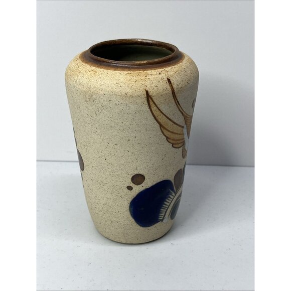 Mexican Tonala Art Pottery Vase Hand Painted Bird Ceramic Sandstone Folk Art - Picture 4 of 8